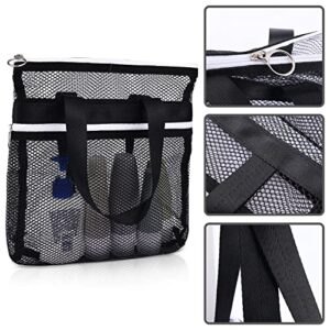 Mesh Zippered Shower Bag, Polyester Large Shower Tote Bag Portable Bath Caddy Organizer with Handle and 2 Storage Pockets Quickly Dry Shower Bag for Dorm Room Gym Camping (Black)