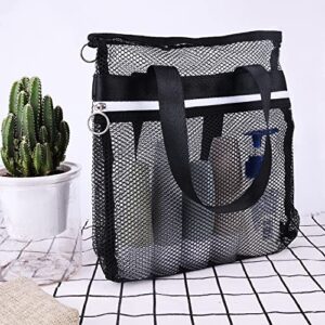 Mesh Zippered Shower Bag, Polyester Large Shower Tote Bag Portable Bath Caddy Organizer with Handle and 2 Storage Pockets Quickly Dry Shower Bag for Dorm Room Gym Camping (Black)