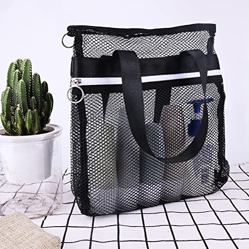 Mesh Zippered Shower Bag, Polyester Large Shower Tote Bag Portable Bath Caddy Organizer with Handle and 2 Storage Pockets Quickly Dry Shower Bag for Dorm Room Gym Camping (Black)