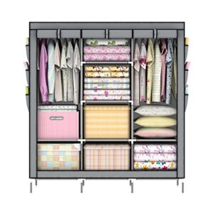OUMYJIA 69 inches Portable Clothes Closet Wardrobe Non-Woven Fabric Storage Organizer, Side Pockets, Grey, 51 L x 17.5 W x 69 H inches