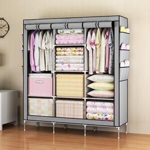 OUMYJIA 69 inches Portable Clothes Closet Wardrobe Non-Woven Fabric Storage Organizer, Side Pockets, Grey, 51 L x 17.5 W x 69 H inches