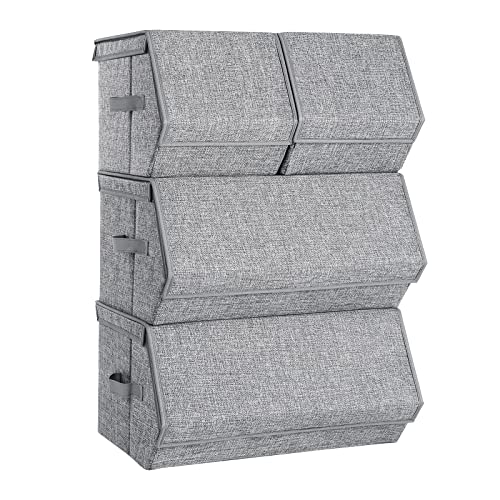 SONGMICS Set of 4 Stackable Storage Bins, Fabric Storage Boxes with Lids, Stackable Storage Cubes with Magnetic Closures, a Semi-Open Front, Lid Can Stay Open after Stacked up, Gray URLB22GY