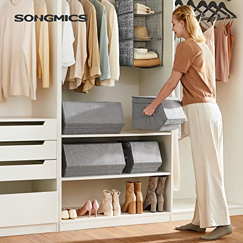 SONGMICS Set of 4 Stackable Storage Bins, Fabric Storage Boxes with Lids, Stackable Storage Cubes with Magnetic Closures, a Semi-Open Front, Lid Can Stay Open after Stacked up, Gray URLB22GY