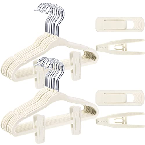 Tanlade 100 Pcs Kids Velvet Hangers with Clips Non Slip Baby Hangers for Closet Baby Clothes Hangers Heavy Duty Children's Closet Flocked Hangers for Pants Baby Girl and Kids Space Saving (Beige)