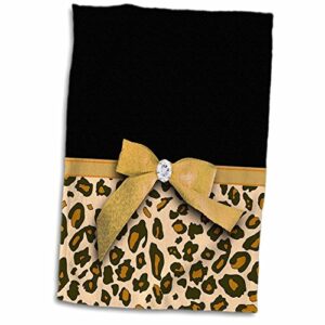 3d rose gold leopard spots with glamorous faux ribbon bow-girly glam graphic-brown black tan beige hand/sports towel, 15 x 22, multicolor