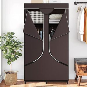 YIZAIJIA Portable Wardrobe Closet Clothing Organizer with Dustproof Non-Woven Fabric 34 Inch Clothes Hanging Rack for Bedroom (34 Inch, Coffee)