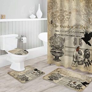 4 pieces bathroom shower curtain and mats set halloween vintage raven skull non-slip bath rugs toilet lid cover u-shaped carpet, scary chandeliers and iron gate decor doormats waterproof curtains