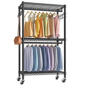 VIPEK V12 Rolling Clothes Rack Heavy Duty Clothing Rack for Hanging Clothes Adjustable Metal Wire Shelving Portable Closet with Wheels Side Hooks, Freestanding Closet Wardrobe, Medium Size, Black