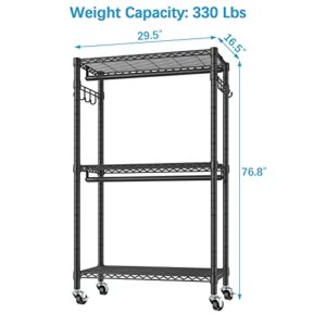 VIPEK V12 Rolling Clothes Rack Heavy Duty Clothing Rack for Hanging Clothes Adjustable Metal Wire Shelving Portable Closet with Wheels Side Hooks, Freestanding Closet Wardrobe, Medium Size, Black