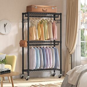 VIPEK V12 Rolling Clothes Rack Heavy Duty Clothing Rack for Hanging Clothes Adjustable Metal Wire Shelving Portable Closet with Wheels Side Hooks, Freestanding Closet Wardrobe, Medium Size, Black