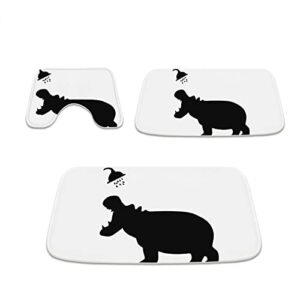 kntiline hippo bathroom rugs and black animal silhouette art pattern mats sets 3 piece, velvet memory foam black white bath mat, large small and u-shaped contour shower mat non-slip washable