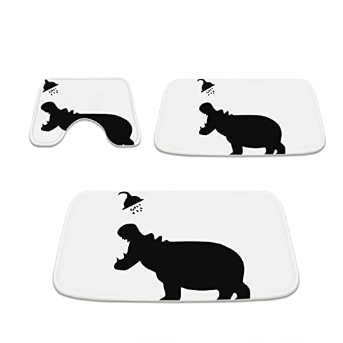 Kntiline Hippo Bathroom Rugs and Black Animal Silhouette Art Pattern Mats Sets 3 Piece, Velvet Memory Foam Black White Bath Mat, Large Small and U-Shaped Contour Shower Mat Non-Slip Washable