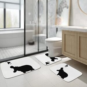 Kntiline Hippo Bathroom Rugs and Black Animal Silhouette Art Pattern Mats Sets 3 Piece, Velvet Memory Foam Black White Bath Mat, Large Small and U-Shaped Contour Shower Mat Non-Slip Washable