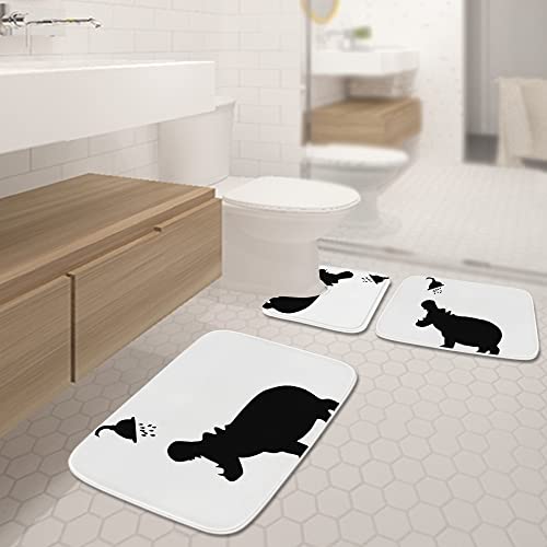 Kntiline Hippo Bathroom Rugs and Black Animal Silhouette Art Pattern Mats Sets 3 Piece, Velvet Memory Foam Black White Bath Mat, Large Small and U-Shaped Contour Shower Mat Non-Slip Washable