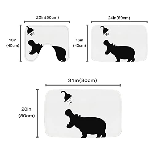 Kntiline Hippo Bathroom Rugs and Black Animal Silhouette Art Pattern Mats Sets 3 Piece, Velvet Memory Foam Black White Bath Mat, Large Small and U-Shaped Contour Shower Mat Non-Slip Washable