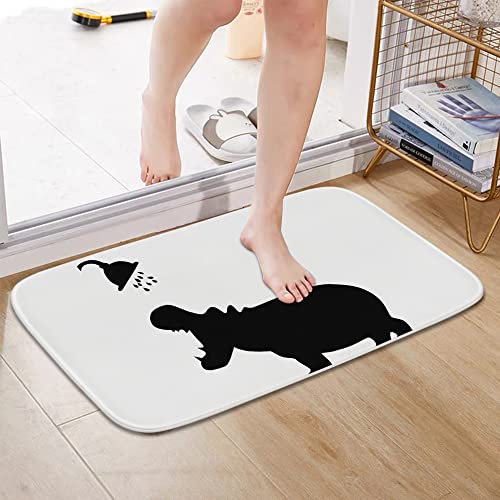 Kntiline Hippo Bathroom Rugs and Black Animal Silhouette Art Pattern Mats Sets 3 Piece, Velvet Memory Foam Black White Bath Mat, Large Small and U-Shaped Contour Shower Mat Non-Slip Washable