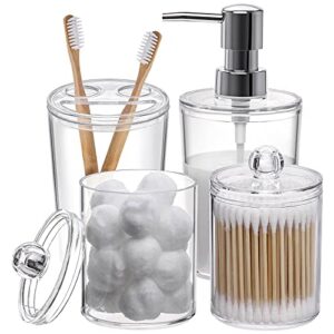 plastic clear bathroom accessories set complete 4 pcs - soap dispenser, 2 qtip holder jars and toothbrush holder, counter decor