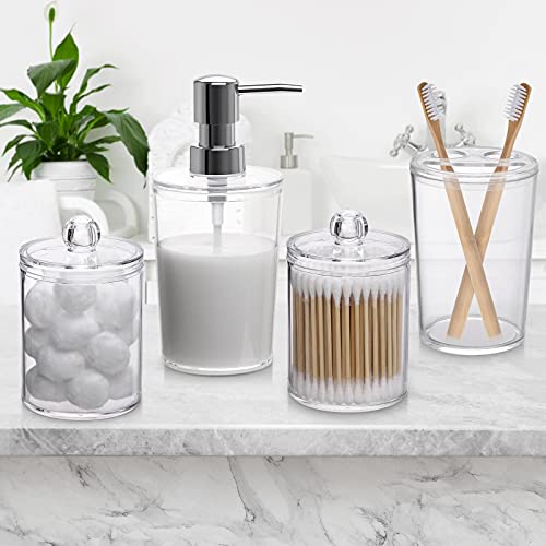 Plastic Clear Bathroom Accessories Set Complete 4 Pcs - Soap Dispenser, 2 Qtip Holder Jars and Toothbrush Holder, Counter Decor