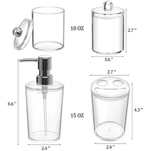 Plastic Clear Bathroom Accessories Set Complete 4 Pcs - Soap Dispenser, 2 Qtip Holder Jars and Toothbrush Holder, Counter Decor