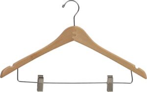 the great american hanger company curved wood combo hanger w/adjustable cushion clips, box of 100 17 inch wooden hangers w/natural finish & chrome swivel hook & notches for shirt jacket or dress