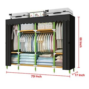 YOUUD Portable Closet 79 Inches Portable Wardrobe Closet for Hanging Clothes with 4 Handing Rods 25mm Colored Iron Tube and Black Cover, Clothes Storage Organizer Extra Sturdy, Strong and Durable