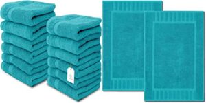white classic luxury cotton washcloths | 12 pack luxury bath mat | 2 pack bundle (aqua)