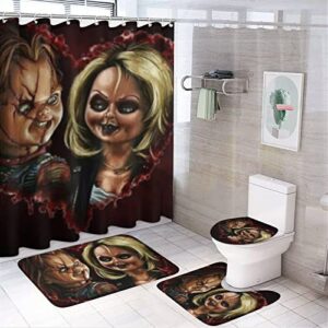 Woodyotime Bride-of-Chucky Shower Curtain Sets 4 Piece Bathroom Set Shower Curtain Non-Slip Rugs Toilet Lid Cover Bath Mat Bathroom Decor
