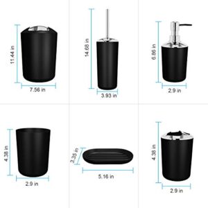 6 Piece Bathroom Accessories Sets,Bathroom Set 6 Pieces Plastic Lotion Dispenser,Toothbrush Holder,Bathroom Tumblers,Soap Dish,Trash Can,Toilet Brush Set with Drawstring Trash Bags (Black)