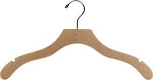 the great american hanger company wavy wood top hanger, box of 100 space saving 17 inch wooden hangers w/natural finish & chrome swivel hook & notches for shirt jacket or dress