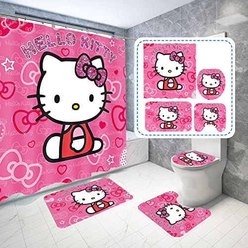 Cat Bathroom Accessories Cartoon Bathroom Decor Kitty Bathroom Set Include 1 Kitty Shower Curtains 1 Kawaii Bath Mat 1 O-Shaped lid Cover