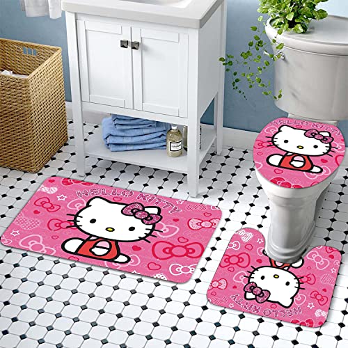 Cat Bathroom Accessories Cartoon Bathroom Decor Kitty Bathroom Set Include 1 Kitty Shower Curtains 1 Kawaii Bath Mat 1 O-Shaped lid Cover