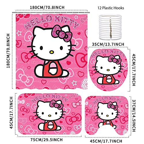 Cat Bathroom Accessories Cartoon Bathroom Decor Kitty Bathroom Set Include 1 Kitty Shower Curtains 1 Kawaii Bath Mat 1 O-Shaped lid Cover