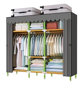 youud portable closet 65 inches potable wardrobe clothes closet, colored rods and grey cover storage organizer, quick and easy to assemble, extra sturdy, strong and durable