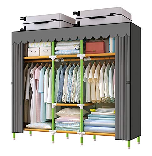 YOUUD Portable Closet 65 Inches Potable Wardrobe Clothes Closet, Colored Rods and Grey Cover Storage Organizer, Quick and Easy to Assemble, Extra Sturdy, Strong and Durable