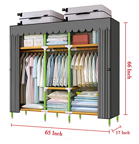 YOUUD Portable Closet 65 Inches Potable Wardrobe Clothes Closet, Colored Rods and Grey Cover Storage Organizer, Quick and Easy to Assemble, Extra Sturdy, Strong and Durable