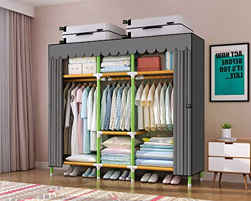 YOUUD Portable Closet 65 Inches Potable Wardrobe Clothes Closet, Colored Rods and Grey Cover Storage Organizer, Quick and Easy to Assemble, Extra Sturdy, Strong and Durable