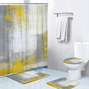 lokmu 4 pcs shower curtain set grey and yellow abstract art painting 01 with non-slip rugs toilet lid cover and bath mat waterproof with 12 hooks bathroom decor set 72" x 72"