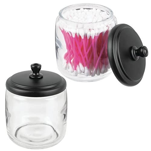 mDesign Small Apothecary Organizer Canister Jars - Glass Containers with Steel Lid for Bathroom, Organization Holder for Vanity, Counter, Hamill Collection - 2 Pack - Clear/Black