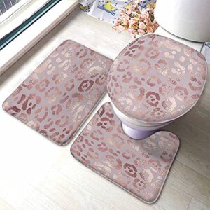 aoyego rose gold leopard skin 3 pieces bathroom rugs set elegant jaguar spots texture with foil effect non slip 23.6x15.7 inch soft absorbent polyester for tub shower toilet