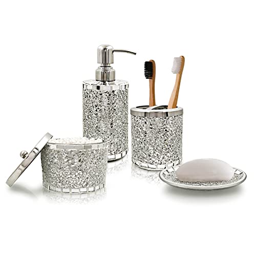 LushAccents Bathroom Accessories Set, 4-Piece Decorative Glass Bathroom Accessories Set, Soap Dispenser, Soap Tray, Jar, Toothbrush Holder, Elegant Silver Mosaic Glass