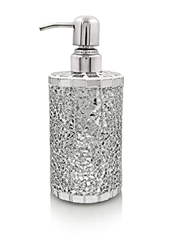 LushAccents Bathroom Accessories Set, 4-Piece Decorative Glass Bathroom Accessories Set, Soap Dispenser, Soap Tray, Jar, Toothbrush Holder, Elegant Silver Mosaic Glass