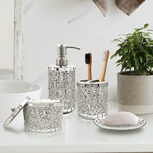 LushAccents Bathroom Accessories Set, 4-Piece Decorative Glass Bathroom Accessories Set, Soap Dispenser, Soap Tray, Jar, Toothbrush Holder, Elegant Silver Mosaic Glass