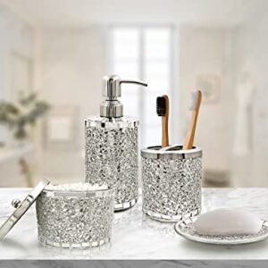 LushAccents Bathroom Accessories Set, 4-Piece Decorative Glass Bathroom Accessories Set, Soap Dispenser, Soap Tray, Jar, Toothbrush Holder, Elegant Silver Mosaic Glass