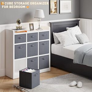 EnHomee Cube Storage Organizer with Storage Bins Wooden Storage Cubes Organizer Shelves White Cubby Storage Organizer 9 Cube Shelf Organizer for Clothes Toys, Cloest, Bedroom, Living Room,White Grey