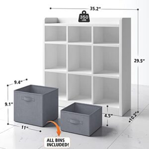 EnHomee Cube Storage Organizer with Storage Bins Wooden Storage Cubes Organizer Shelves White Cubby Storage Organizer 9 Cube Shelf Organizer for Clothes Toys, Cloest, Bedroom, Living Room,White Grey