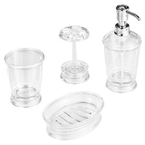 mDesign Plastic Bathroom Vanity Countertop Accessory Set - Includes Refillable Soap Dispenser, Divided Toothbrush Stand, Tumbler Rinsing Cup, Soap Dish - 4 Pieces - Clear