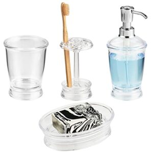 mdesign plastic bathroom vanity countertop accessory set - includes refillable soap dispenser, divided toothbrush stand, tumbler rinsing cup, soap dish - 4 pieces - clear