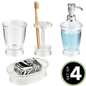 mDesign Plastic Bathroom Vanity Countertop Accessory Set - Includes Refillable Soap Dispenser, Divided Toothbrush Stand, Tumbler Rinsing Cup, Soap Dish - 4 Pieces - Clear