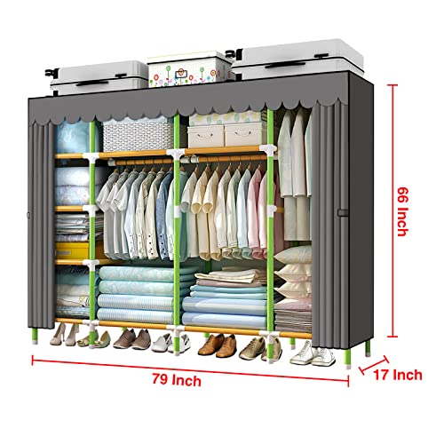 YOUUD 79 Inches Portable Closet Storage Organizer Cloth Closet Colored Rods and Grey Cover Portable Wardrobe, Quick and Easy to Assemble, Extra Sturdy, Strong and Durable