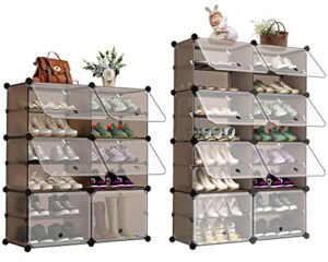 unzipe shoe rack with door, 56 pairs shoes storage cabinet plastic freestanding shoe shelves diy cube organizer for closet, bedroom，garage entryway, dark coffee